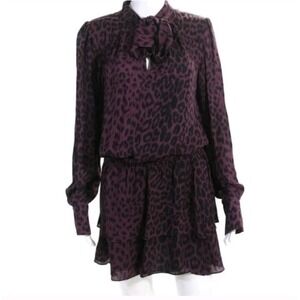 Parker Silk Cheetah Printed Ruffled‎ Hem Tie Necked Dress Long Sleeve S Women's